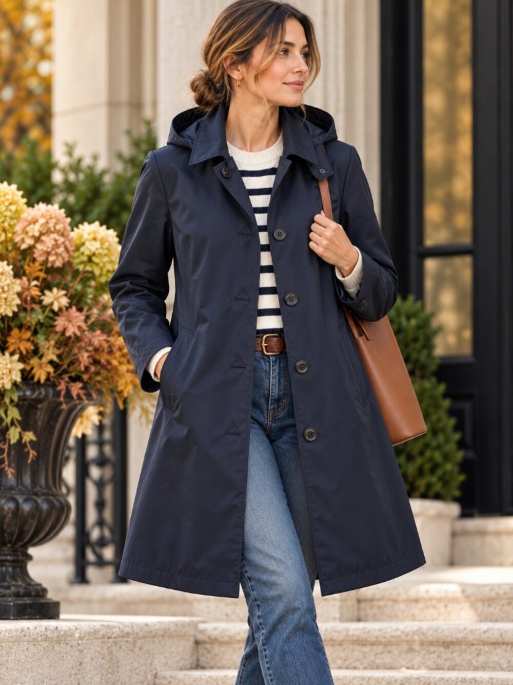 Lauren Ralph Lauren Navy Hooded Balmacaan Raincoat S Water Resistant Classic EUC